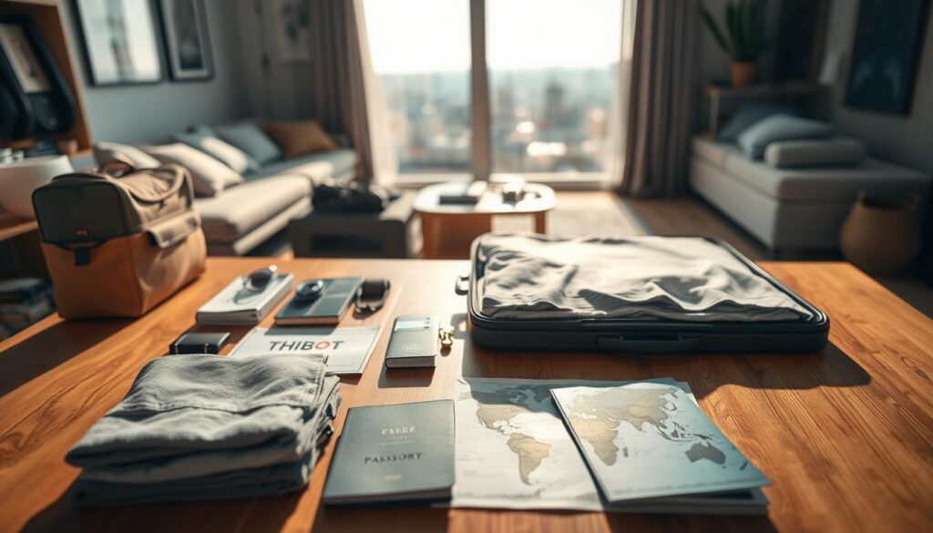 A well-equipped traveler packing their suitcase for an international journey. The foreground shows neatly folded clothing, essential documents, and travel accessories arranged on a wooden table bathed in warm, natural lighting. In the middle ground, a world map and a passport lie open, suggesting careful planning and research. The background depicts a cozy, minimalist living space with a large window overlooking a cityscape, hinting at the excitement and anticipation of the upcoming adventure. The overall scene conveys a sense of organization, preparedness, and the thrill of embarking on a new international experience.