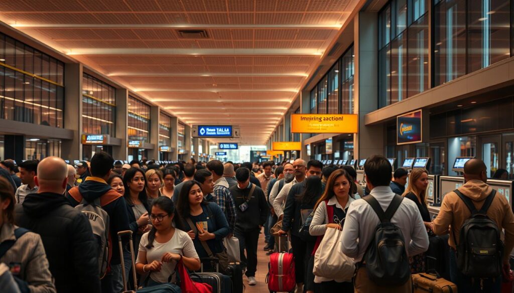 a crowded airport immigration hall with travelers standing in a long line, waiting to be processed by immigration officers at their desks. The scene is well-lit with warm overhead lighting, creating a sense of activity and anticipation. The travelers are diverse, including families with children, business people, and tourists, each carrying luggage and documents. The background features the architectural details of the airport, such as high ceilings, glass walls, and signage. The overall atmosphere conveys the experience of arriving at a new destination, with a mix of excitement and trepidation as people navigate the immigration process.
